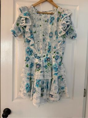 White Floral Ruffle Dress with Blue Flowers